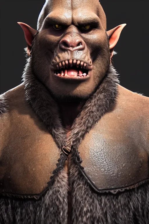 Image similar to A full body shot of a handsome orc looking into the camera wearing a leather fur jacket and leather boots, full body shot, detailed face, orc, orcish, portrait, artstation, realistic, highly detailed, symmetrical, D&D, Dungeons & Dragons, hyper realistic, dynamic pose, high detail, octane render, unreal engine, 8k, fantasy art, highly detailed, dramatic lighting, concept art