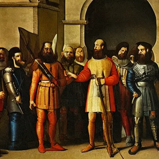 Image similar to a king and his knights standing over poor peasants, historical painting