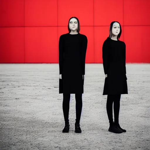 Image similar to photographic portrait of 2 clones in front of a brutalist metal building, 2 techwear women, on a desolate plain, red sky, black oversized clothes, sigma 8 5 mm f / 1. 4, 4 k, depth of field, high resolution, 4 k, 8 k, hd, full color