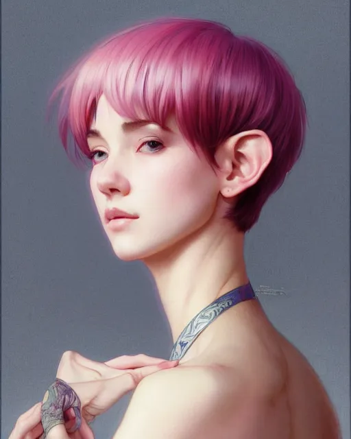 Prompt: portrait of a pink short haired till shoulder half elf with bangs, intricate, elegant, highly detailed, my rendition, digital painting, artstation, concept art, smooth, sharp focus, illustration, art by artgerm and greg rutkowski and alphonse mucha and uang guangjian and gil elvgren and sachin teng and wlop, symmetry!!