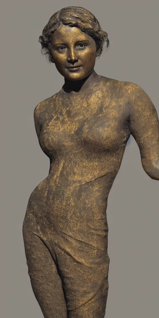 Image similar to detailed photo of an old bronze patina statue of beautiful emma truman, full body portrait, photorealism, intricate detail, museum diffuse lighting