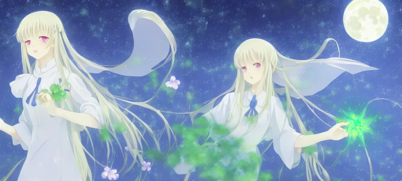 Image similar to Illyasviel holding floating green crystal | ghibli clover | Big Moon at Blue Night | Trees with white flowers | bioluminescent blue FLOWERS | strong blue rimlit | visual-key | anime illustration | highly detailed High resolution | Light Novel | Visual Novel | Gosick