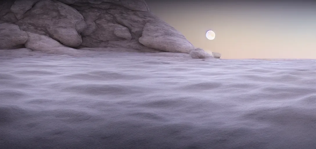 Image similar to octane render uhd, filmic lighting, cinematic art shot, hyperrealistic, hyperdetailed, super detailed, 8 k, high resolution, sandy white moon landscape, white rocks made of bone, 8 k uhd matte painting, mega high white mountain, midnight