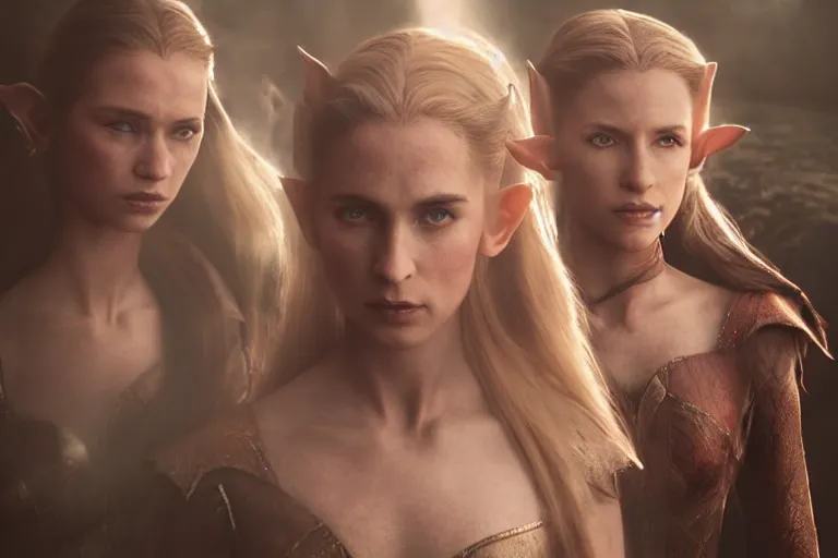 Prompt: a cinematic headshot portrait of three female elf warriors, 8 k, ultra realistic, movie still, dramatic lighting, mist, rays of light, by annie leibovitz