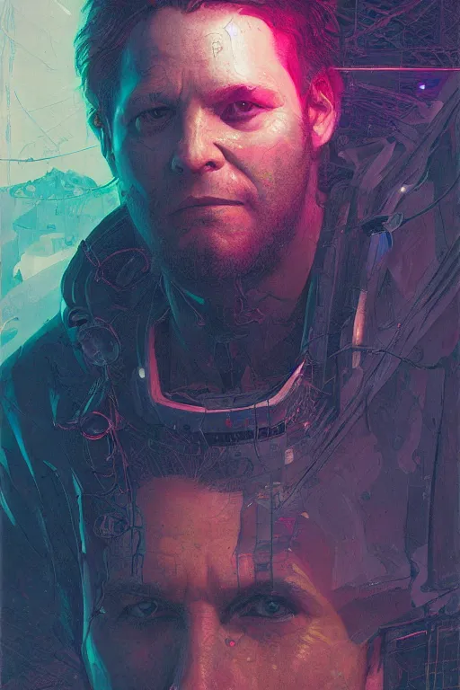 Prompt: A portrait of the Techgnosis author Erik Davis as a cyberpunk, iridescent highlights, background of digital greebles, highly detailed, intricate, soft, sci-fi, sharp focus, glowing lines, art by Ruan Jia and Moebius