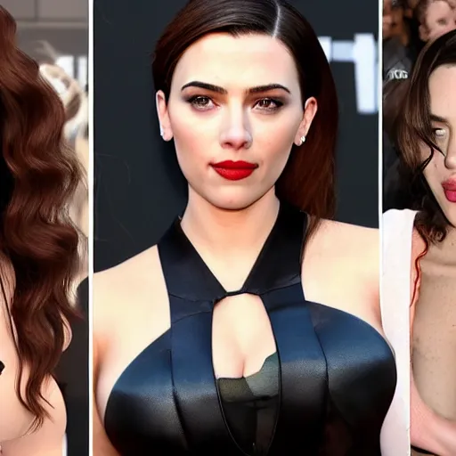 Image similar to a woman who is a genetic combination of kim kardashian and kat dennings and scarlett johansson and margot robbie and emma watson, face and upper - body focus, detailed eyes