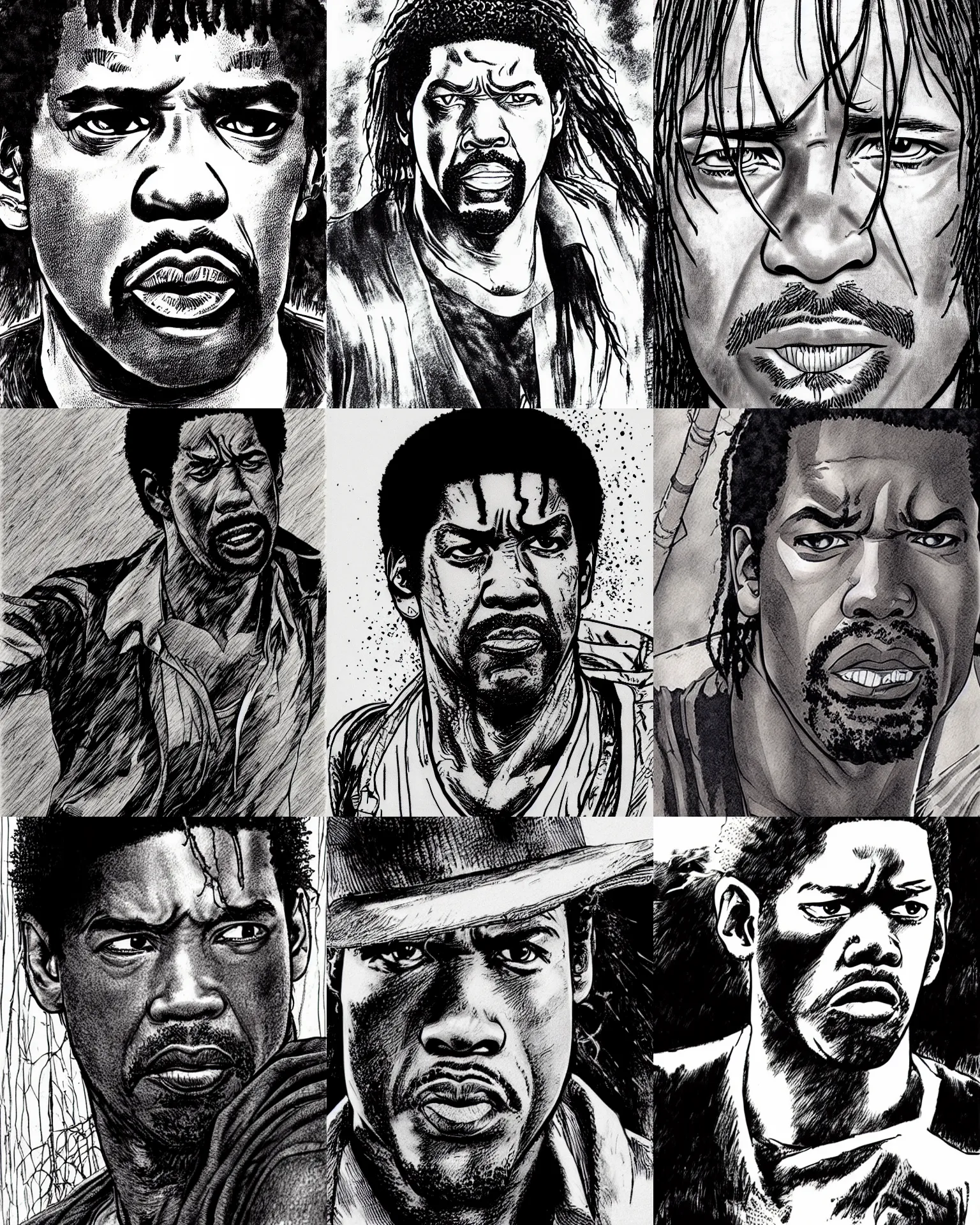 Prompt: detailed denzel washington in vagabond manga by takehiko inoue, black ink