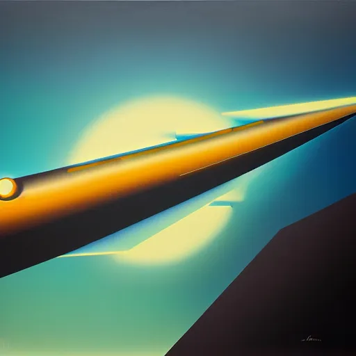 Prompt: a killian eng art deco style sci - fi giant eclair like bazooka, oil on canvas, smooth, sharp focus, vibrant volumetric dark natural light, dark enlightenment, alchemy, citrinitas.