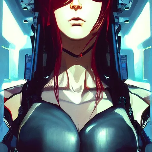 Image similar to a comic potrait of a cyberpunk cyborg girl with big and cute eyes, fine - face, realistic shaded perfect face, fine details. night setting. very anime style. realistic shaded lighting poster by ilya kuvshinov katsuhiro, magali villeneuve, artgerm, jeremy lipkin and michael garmash, rob rey and kentaro miura style, trending on art station