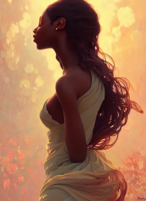 Prompt: beautiful young black women with shoulder length brown hair, half body shot, path traced, highly detailed, high quality, digital painting, alena aenami, lilia alvarado, shinji aramaki, karol bak, alphonse mucha, tom bagshaw