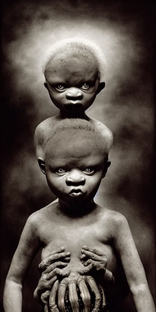 Prompt: award winning photo of african albino baby, dark colors, scary, symmetrical face, beautiful eyes, studio lighting, wide shot art by sally mann & arnold newman & h. r. giger