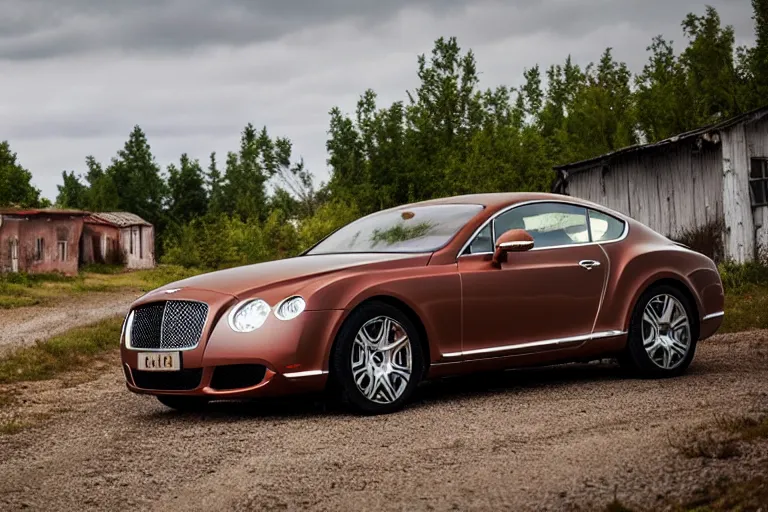 Image similar to modern rusty rusty Bentley Continental GT drives along the road of an old Russian village with houses at the edges