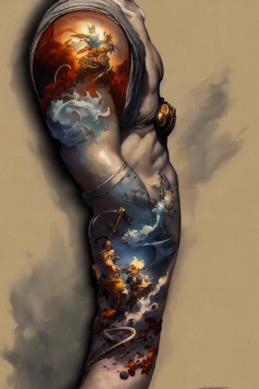 Prompt: arm sleeve tattoo design by peter mohrbacher and craig mullins and hiroshi yoshida and james jean and frank frazetta and michael whelan and andreas rocha