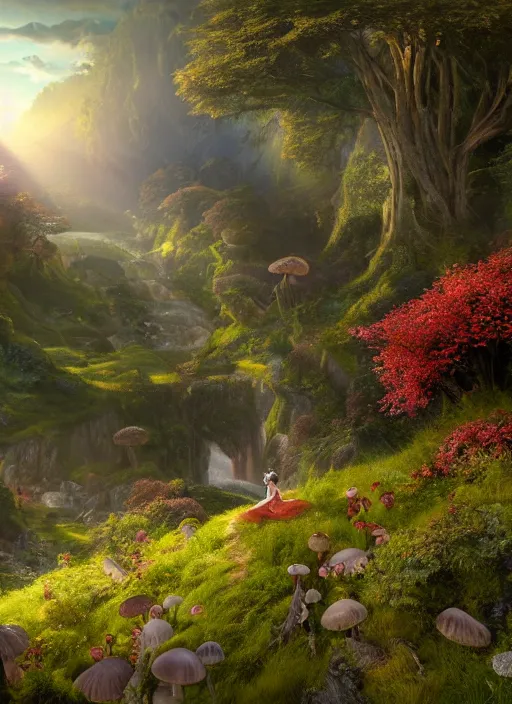 Image similar to an elegant fairy flying in the distance, in the lord of the rings scenery landscape, vast lush valley flowers and mushroom structures, stream, sunrise, god's rays highly detailed, vivid color, cinematic lighting, perfect composition, 8 k, gustave dore, derek zabrocki, greg rutkowski, belsinski, octane render