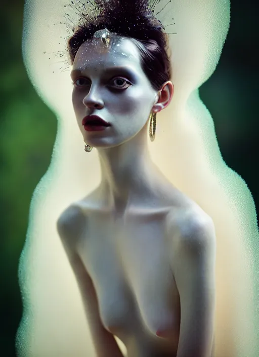Prompt: cinestill 5 0 d photo portrait of a beautiful hybrid woman in style of tim walker by roberto ferri, opal body intricate detailed, hair are intricate stalactite, 5 0 mm lens, f 1. 4, sharp focus, ethereal, emotionally evoking, head in focus, bokeh volumetric lighting, pale colors outdoor
