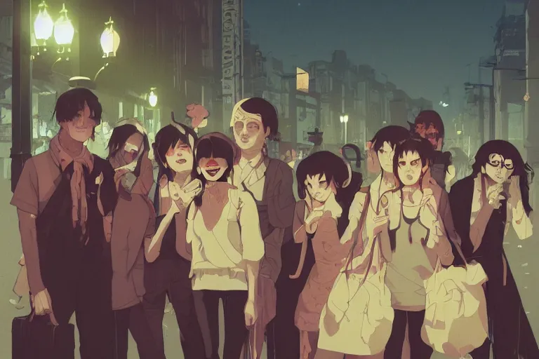 Prompt: a group of zombies hanging out in the streets of Buenos aires at night, muted colors, matte print, pastel colors, ornate, digital art, cute smile, digital painting, fan art, elegant, pixiv, by Ilya Kuvshinov, by Studio Ghibli