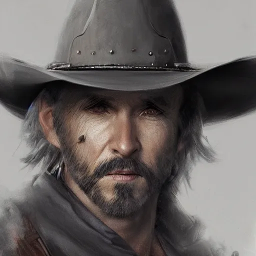 Image similar to portrait of a man with a long duster, grey hair and a cowboy hat, harsh good looking face, drawn by ruan jia, fantasy art, dramatic lighting, digital art, 8 k, highly detailed