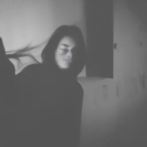 Image similar to girl takes selfie with ghost spirit, dark eerie photo vibes