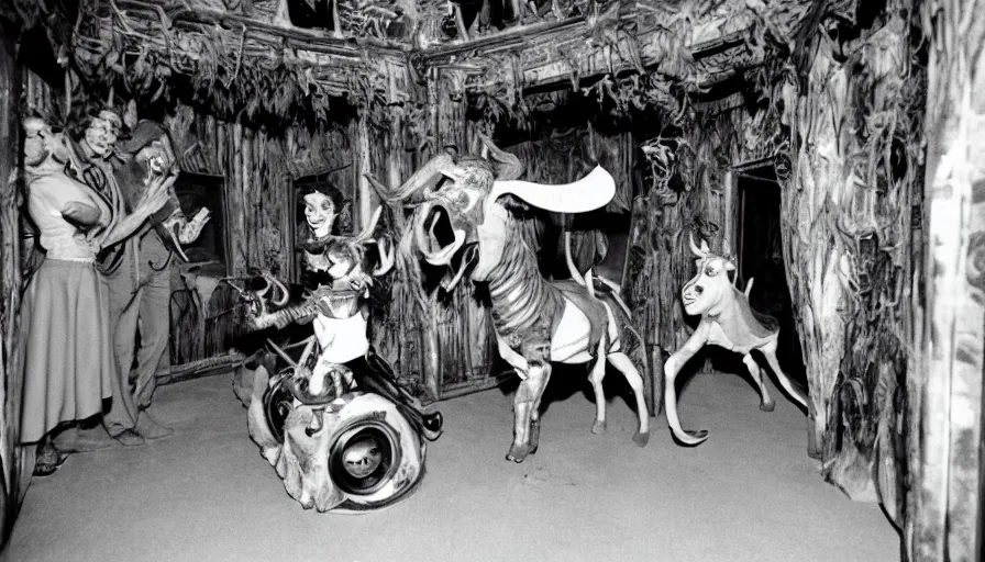 Image similar to 1980s photo of inside the Magic goats haunted house ride at Disney World in Orlando, Florida, children riding on robotic goats through a haunted house, cinematic, UHD