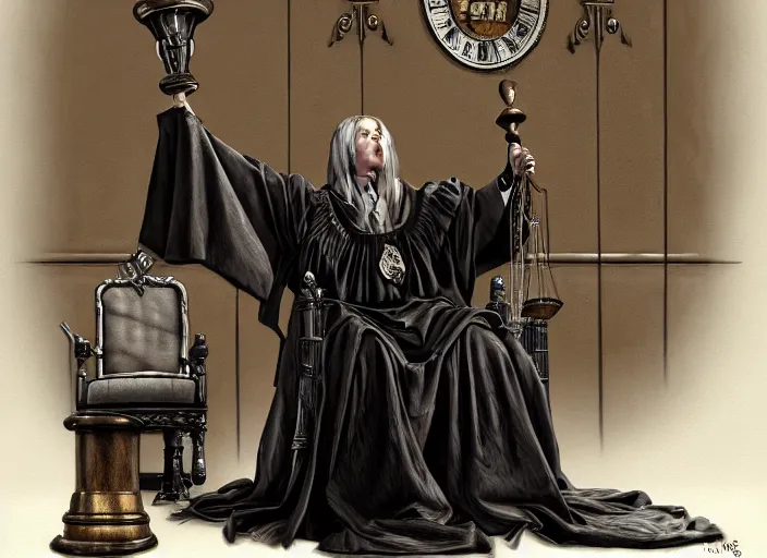 Prompt: a horse that is a judge, dressed as a judge's robes, seated in court, holding a huge gavel, dark gothic horror painting, elegant intricate digital painting artstation concept art by mark brooks and brad kunkle detailed