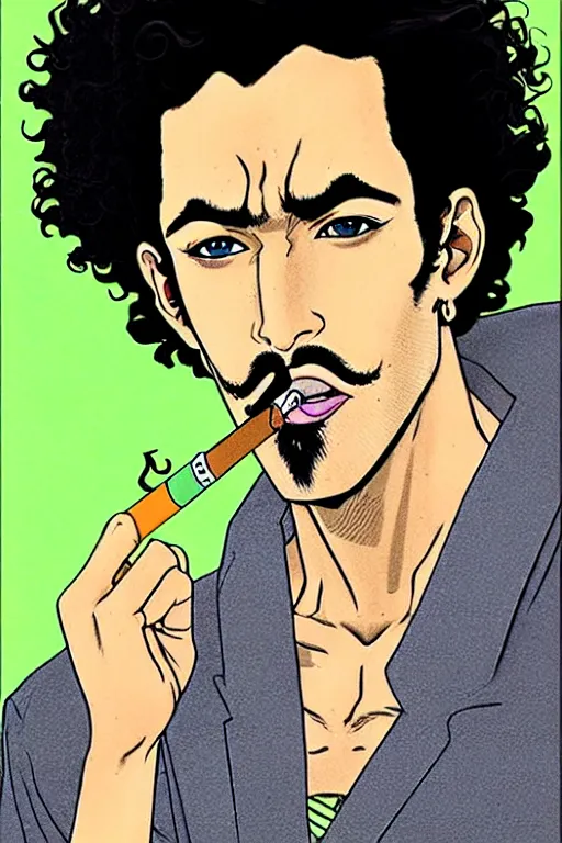 Prompt: handsome!! hyper realistic man with curly black hair, tan skin, green eyes, anchor goatee, smoking a cigarette | art by hirohiko araki & jean giraud