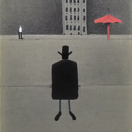 Prompt: lonely man waiting at the bus stop on moody weather, saul steinberg