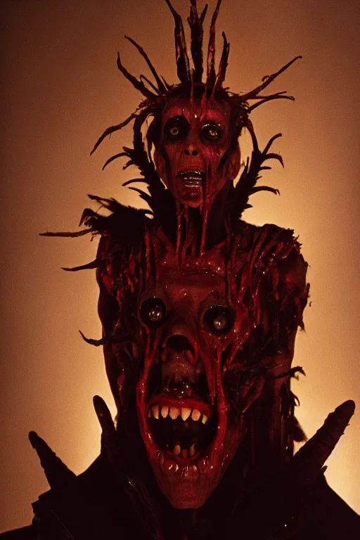 Image similar to dressed steve buscemi, a sinister demonic queen of cenobites, symmetrical, cinematic, elegant, demonic atmosphere, professional studio light, real dlsr photography, sharp focus, costume made by clive barker, real rotten flesh, blood and bones, 4 k, ultra hd, sense of awe