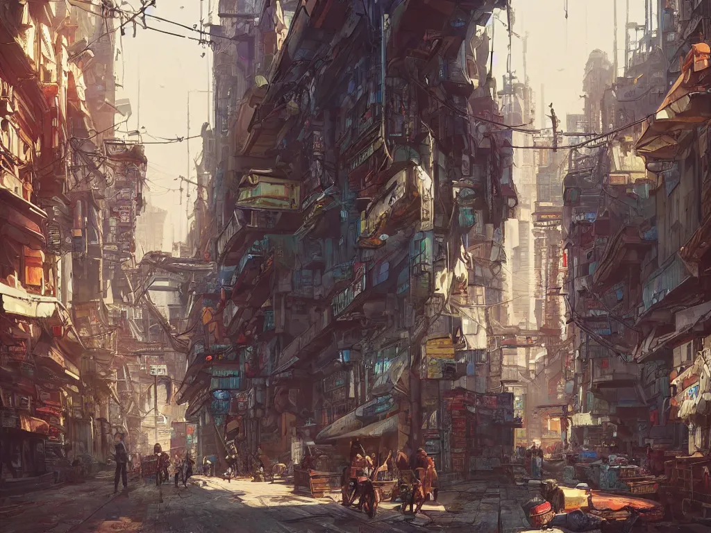 Prompt: cyberpunk kyiv street, old ukrainian city with cyberpunk elements, street with shops, no humans, darek zabrocki, noah bradley, artstation, very beautiful, cintematic,