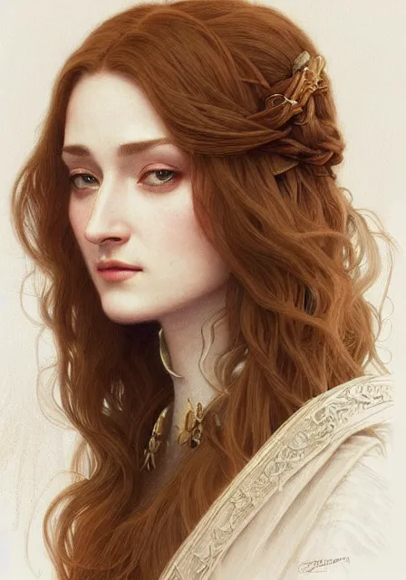 Image similar to portrait of sansa stark with long hair, intricate, elegant, highly detailed, digital painting, artstation, concept art, smooth, sharp focus, illustration, art by artgerm and greg rutkowski and alphonse mucha and william - adolphe bouguereau