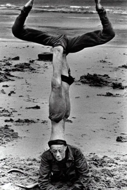 Image similar to historical ww 2 photograph of'pauly shore '!!! doing a handstand on d - day invasion of normandy