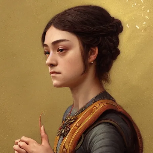 Prompt: Portrait of arya stark in ancient bali, elegant, digital painting, highly detailed, fantasy, artstation, concept art, smooth, sharp focus, illustration, art by William-Adolphe Bouguereau and artgerm and greg rutkowski and alphonse mucha