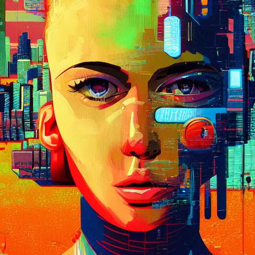 Prompt: a graph - style gouache impasto huge robot head in front of her, cyberpunk art by by james gilleard, cgsociety, retrofuturism, synthwave, retrowave, outrun