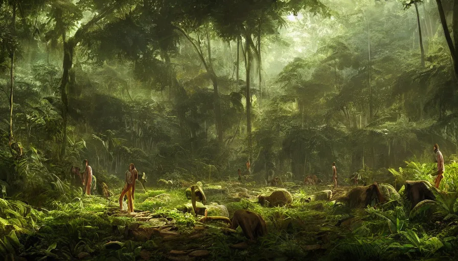 Prompt: a beautiful painting of an archaeological evolution in a lush jungle, ray traced lighting by kalin popov and greg rutkowski