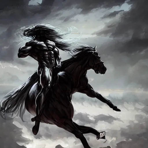 Image similar to splash art of a huge muscular black - coated anthropomorphic horse character with long white hair wearing tactical kevlar fabric, exaggerated muscle physique, highly detailed, furry, furaffinity, digital painting, artstation, sharp focus, illustration, art by artgerm, greg rutkowski, alphonse mucha