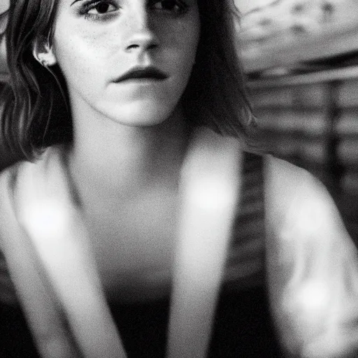 Image similar to photo, close up, emma watson in warehouse, dim light, low light, fog, android cameraphone, snapchat story screenshot, 2 6 mm,