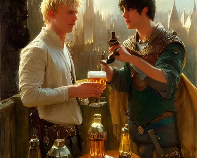 Image similar to attractive arthur pendragon and attractive merlin go to a pub together to have some drinks. highly detailed painting by gaston bussiere, craig mullins, j. c. leyendecker 8 k