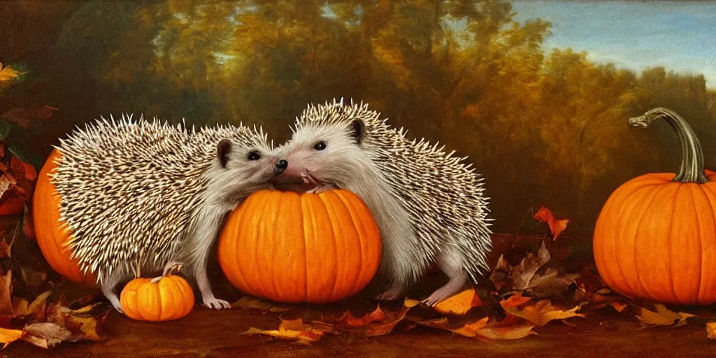 Image similar to a hedgehog and a pumpkin, renaissance oil painting, 8 k resolution