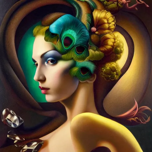 Prompt: dynamic composition, a painting of a woman with green eyes and hair made of peacock plummage, a surrealist painting by Tom Bagshaw and Jacek Yerga and Tamara de Lempicka and Jesse M. King, featured on cgsociety, pop surrealism, surrealist, dramatic lighting, wiccan, pre-raphaelite, ornate gilded details