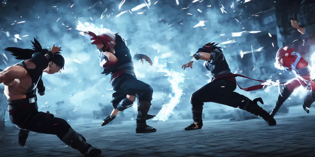 Image similar to kakashi with chidori and captain levi fighting in mortal kombat style, unreal 5, hyperrealistic, realistic, photorealistic, dynamic lighting, highly detailed, cinematic landscape, studio landscape, studio lighting