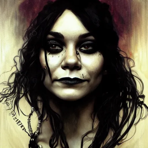 Image similar to beautiful portrait of vanessa hudgens as death from sandman, smiling, by cedric peyravernay, alphonse mucha, by jeremy mann, by lecouffe deharme, goth chic, soft lightning, eyeliner, punk rock, high detailed, 8 k