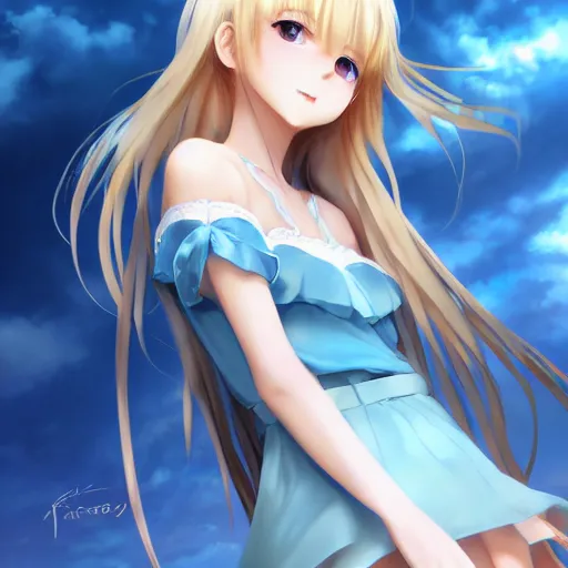 Image similar to a very beautiful anime cute girl, full body, long wavy blond hair, sky blue eyes, full round face, short smile, fancy top, miniskirt, front view, medium shot, mid-shot, highly detailed, cinematic wallpaper by Stanley Artgerm Lau