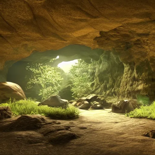 Prompt: a lush cave hyper realistic 8k