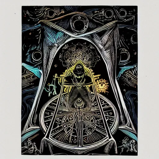 Prompt: black paper + tarot card + eldritch god, vintage detailed sci - fi illustration designed by marc simonetti and mike mignola + psychedelic black light style + intricate ink illustration + symmetry + bloodborne