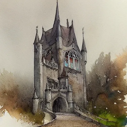 Prompt: (((((((watercolor sketch of Gothic revival castle gatehouse))))))) . muted colors. by Jean-Baptiste Monge !!!!!!!!!!!!!!!!!!!!!!!!!!!!!!!!!!!!!!!!