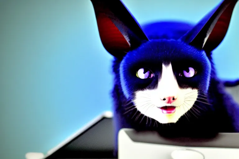 Image similar to a blue - and - black male catbat fursona with blue / green heterochromatic eyes ( differently - colored eyes, one green, one blue ) and huge bat ears, photo of the catbat streaming on his computer