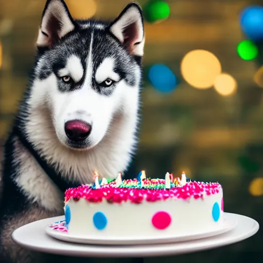 Image similar to a high - quality photo of a husky with a birthday cake, 4 5 mm, f 3. 5, sharpened, iso 2 0 0, raw, food photography