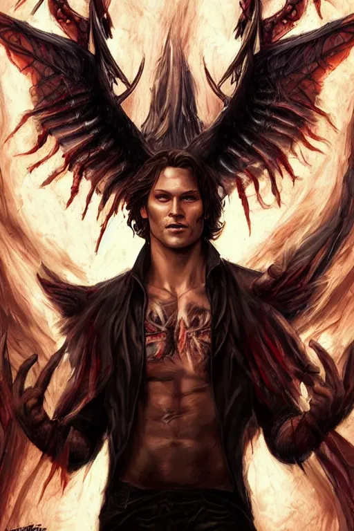 Image similar to front portrait of attractive sam winchester as a vampire with long fangs, wings wide open, clothes torn apart, muscular chest tattooed with runes and symbols, d & d!, fantasy style, sharp focus!, ultra detailed, art by artgerm and peter andrew jones, wlop