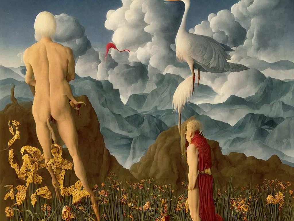 Prompt: albino mystic, with his back turned, looking at a storm over over the mountains in the distance, with beautiful exotic crane and iris flower. Painting by Jan van Eyck, Audubon, Rene Magritte, Agnes Pelton, Max Ernst, Walton Ford