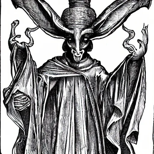 Image similar to baphomet wearing a dark hooded cloak, highly detailed