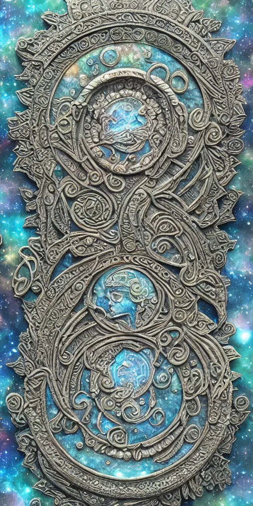 Image similar to intricate colourfully painted carved Soapstone relief paneling, pearl and pale blue toned, celestial, cosmos, galaxies, planets, divinity, moon goddess, mother earth, Earth Goddess mythology, Gaia, angels, dream atmosphere, Ghostly, crystaline celtic, insanly detailed , artstation, wallpaper, hyper realistic, realistic lighting